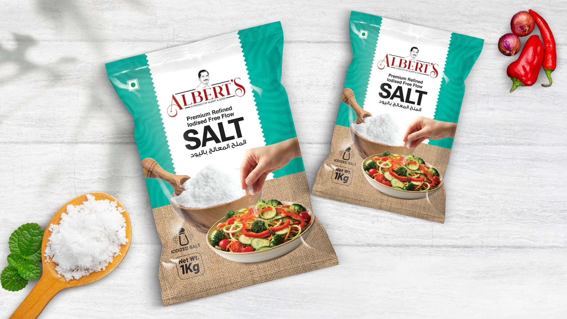 Front view of Salt packet packaging design created for Albert & Sons, Ernakulam, featuring branded label and food grade packaging layout