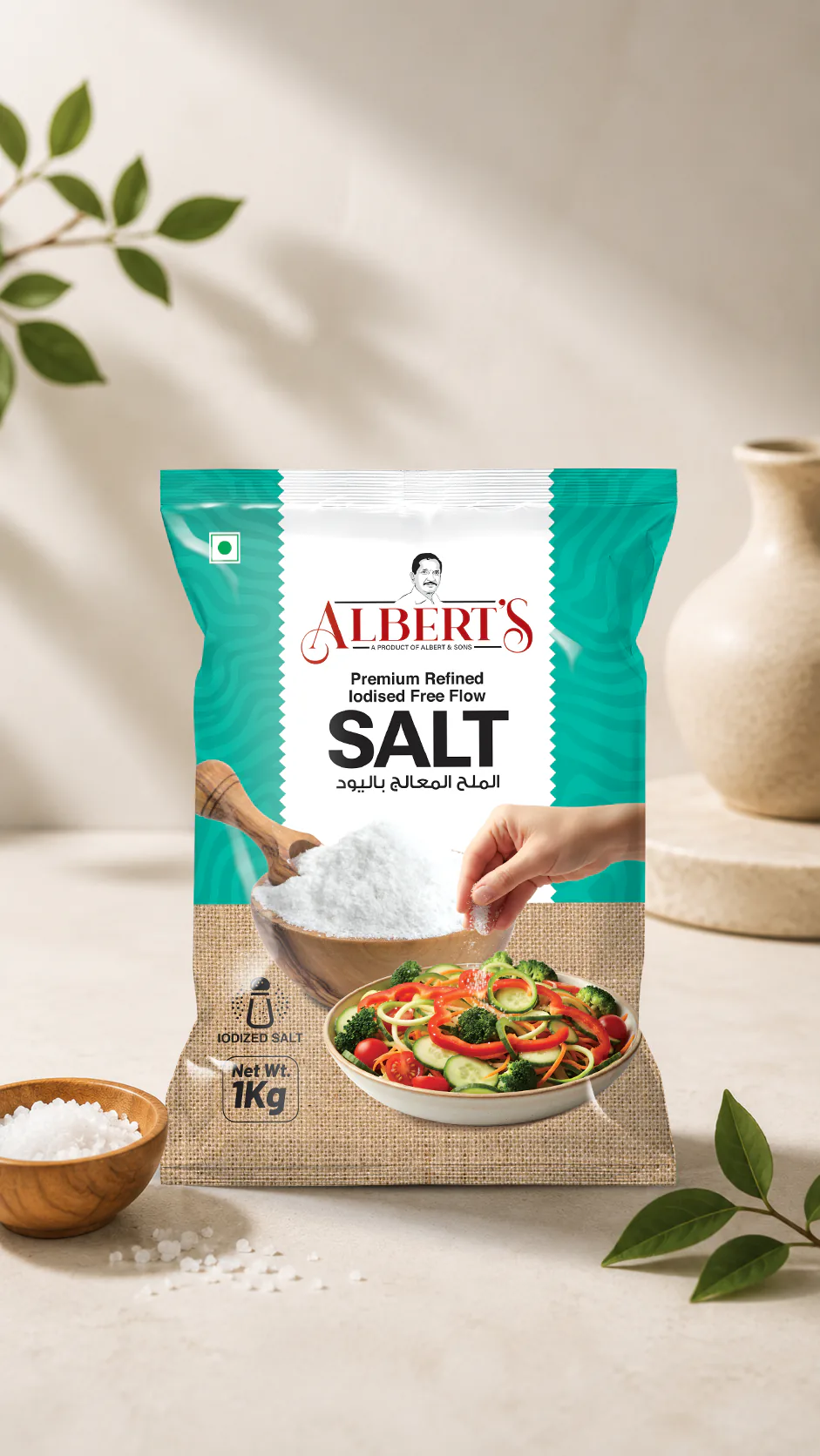 Side and back view of Salt package design for Albert & Sons, Ernakulam showing packaging details and print finish