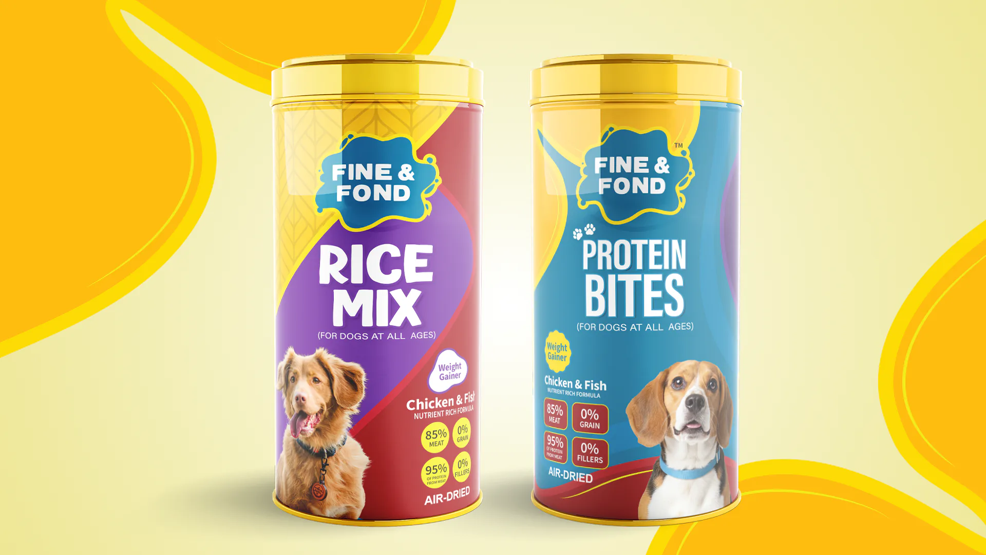 Front view of Dog Food Tin label design created for Amalgam Nutrients & Feeds Ltd., Alappuzha, featuring branded label and pet food grade packaging layout
