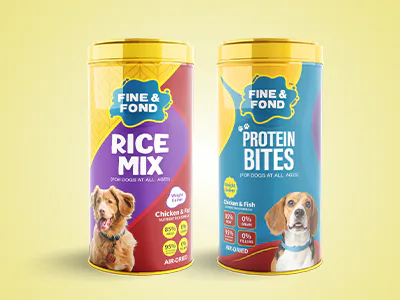 Dog Food Tin label design for Amalgam Nutrients & Feeds Ltd., Alappuzha packaging design