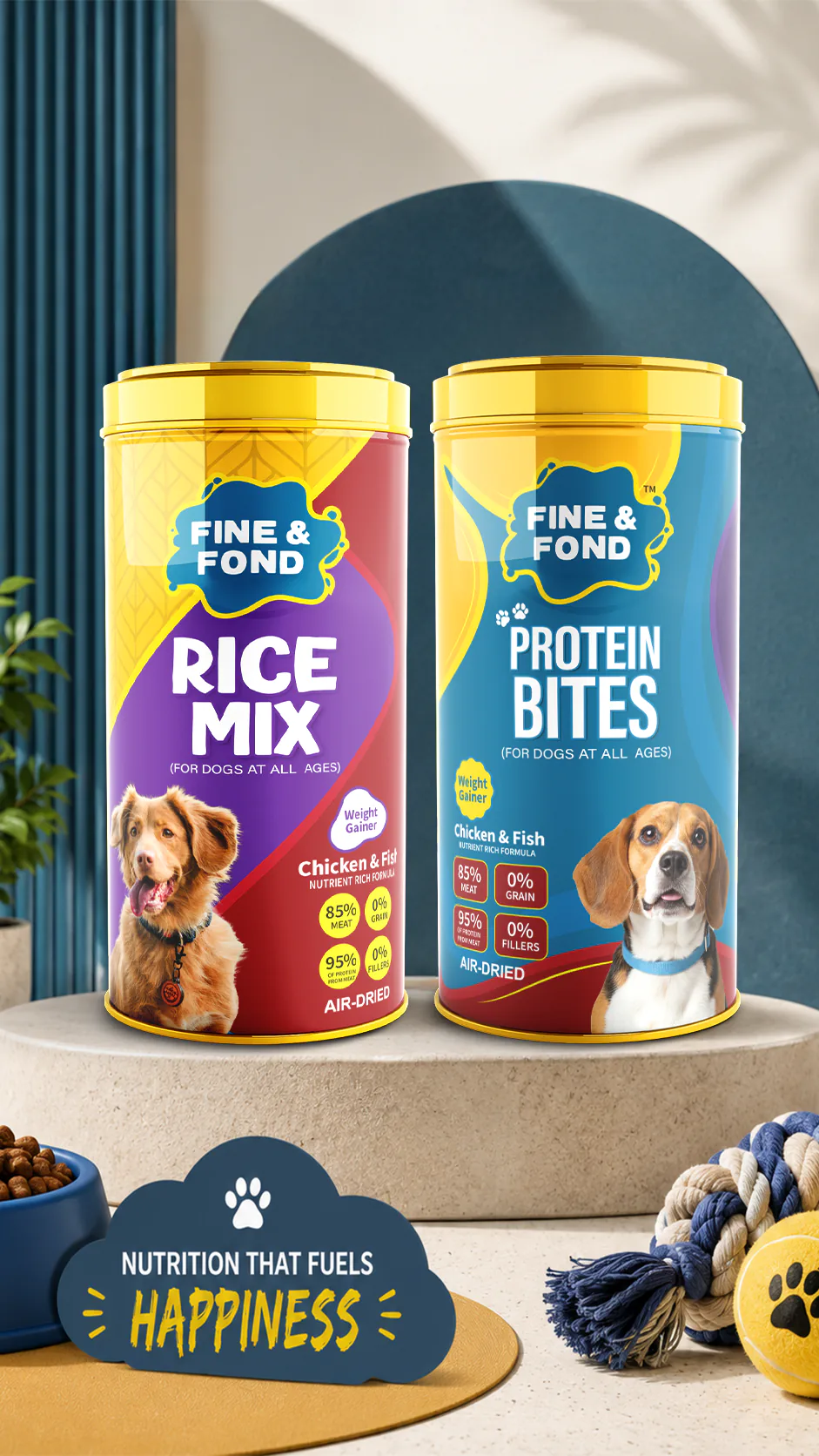 Side and back view of Dog Food Tin label design for Amalgam Nutrients & Feeds Ltd., Alappuzha showing label details and print finish