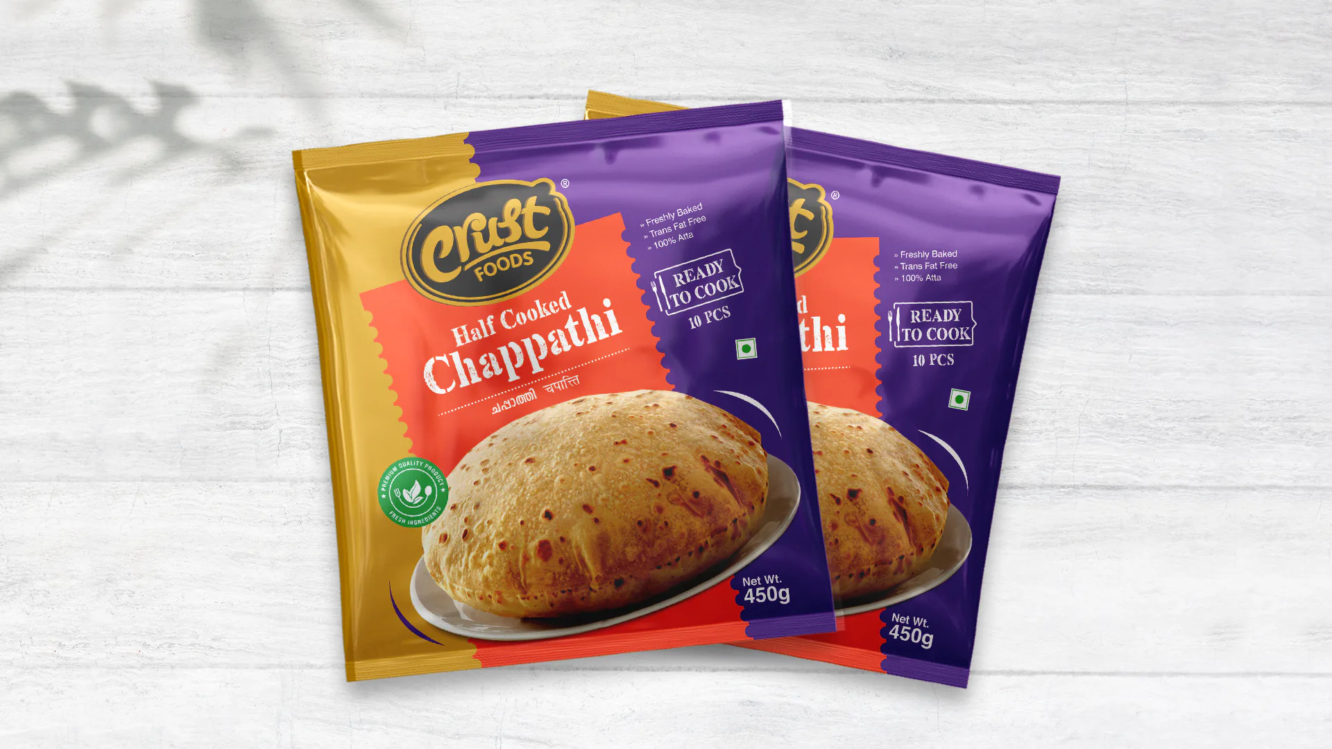 Front view of Chappathi packet packaging design created for Crust Bakery, Malappuram, featuring branded label and food grade packaging layout