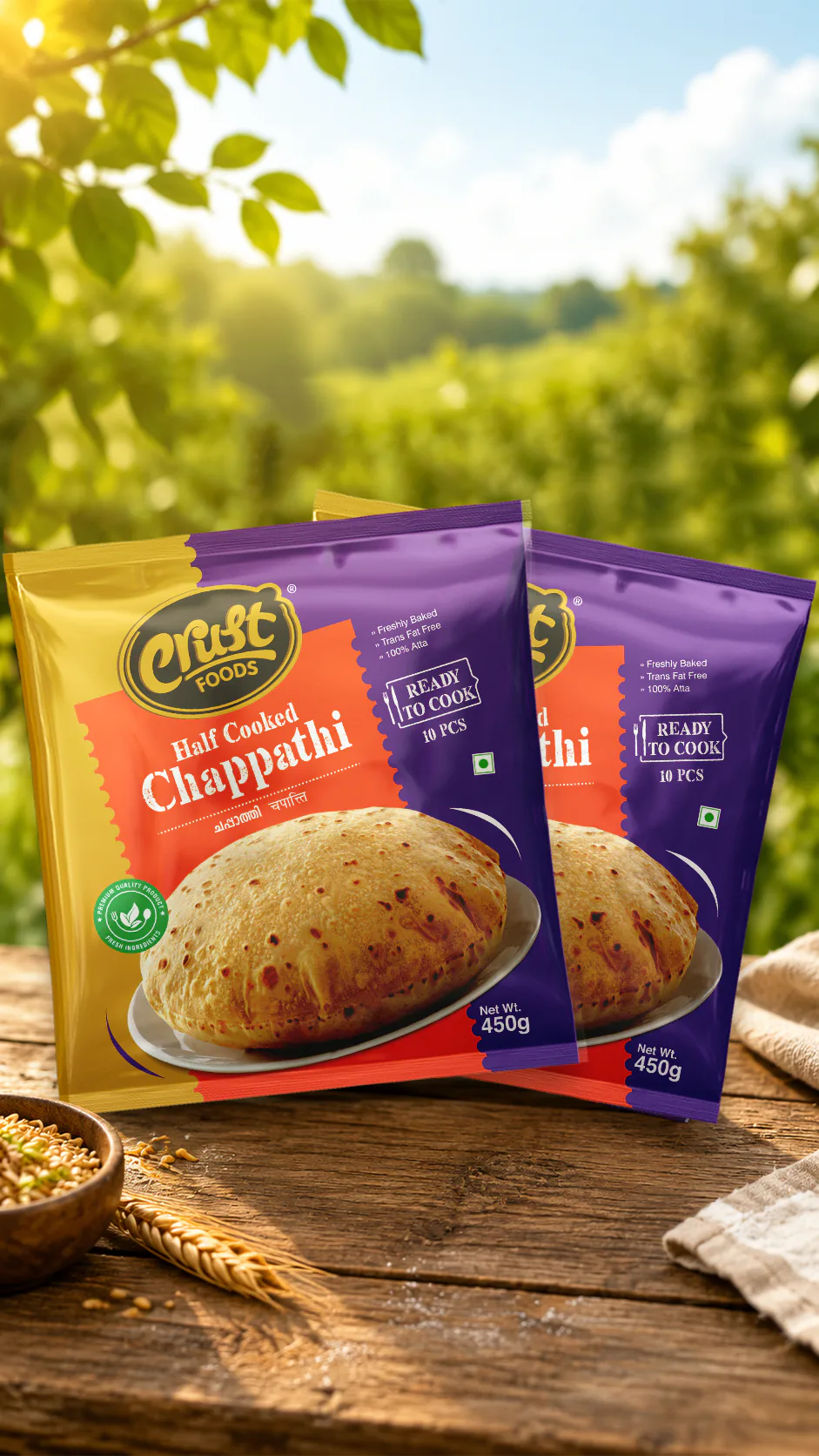 Side and back view of Chappathi package design for Crust Bakery, Malappuram showing packaging details and print finish
