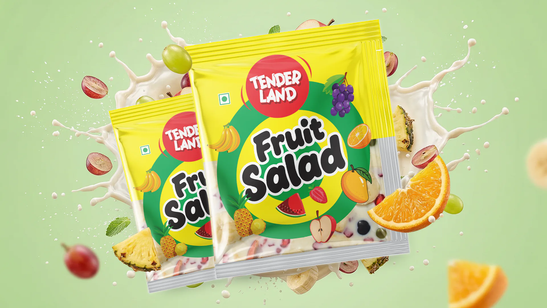 Front view of Fruit Salad cup packaging design created for Elanadu Food Products Pvt. Ltd., Thrissur, featuring branded label and food grade packaging layout
