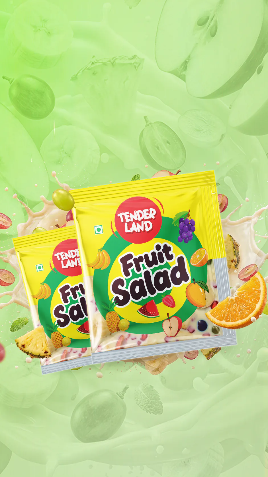 Side and back view of Fruit Salad package design for Elanadu Food Products Pvt. Ltd., Thrissur showing packaging details and print finish