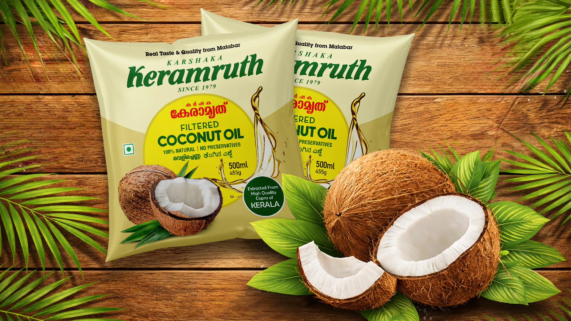 Front view of Coconut Oil bottle packaging design created for Keramruth Oils, featuring branded label and food grade packaging layout