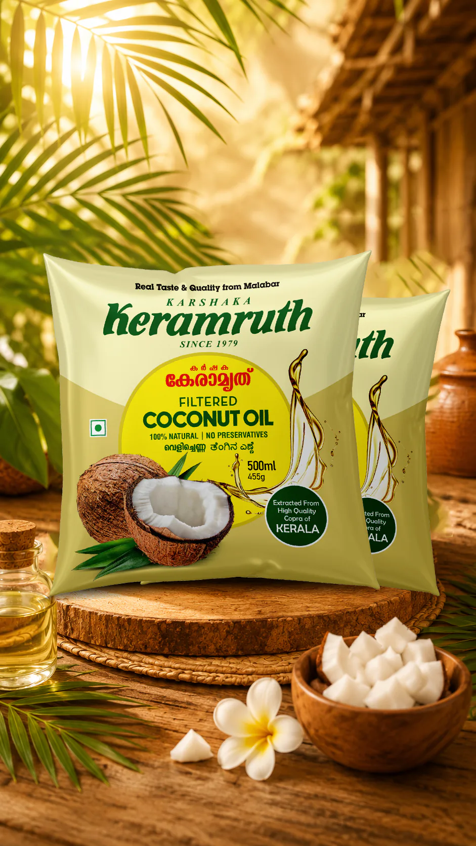 Side and back view of Coconut Oil package design for Keramruth Oils showing packaging details and print finish
