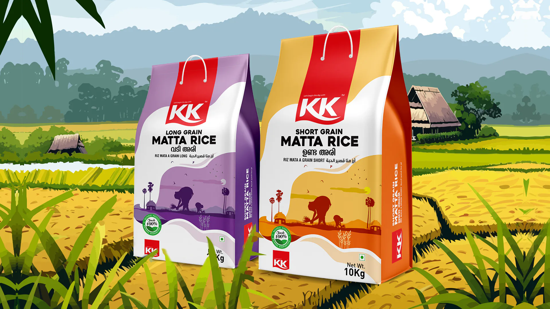 Front view of Matta Rice bag packaging design created for KKFM India Private Limited, Kottayam, featuring branded label and food grade rice bag packaging layout
