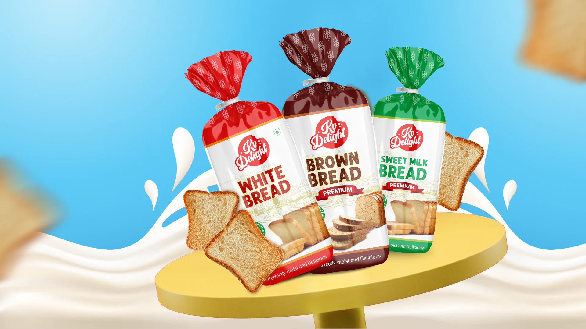 Front view of Bread packet packaging design created for KV Food Products, Kannur, featuring branded label and food grade packaging layout