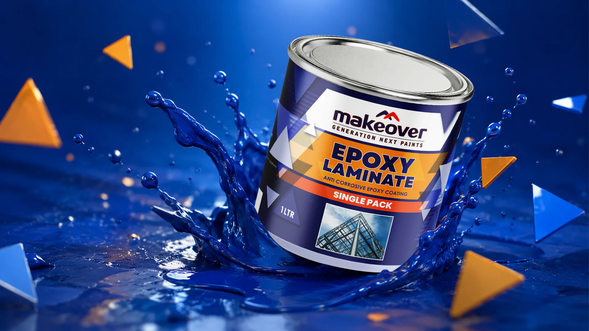 Front view of Paint Container packaging design created for Makeover Paints Pvt. Ltd., featuring branded label and industrial grade container packaging layout