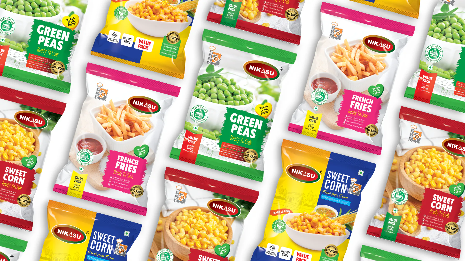 Front view of Frozen Foods pouch design created for Nikasu Group, Ernakulam, featuring branded label and food grade pouch packaging layout