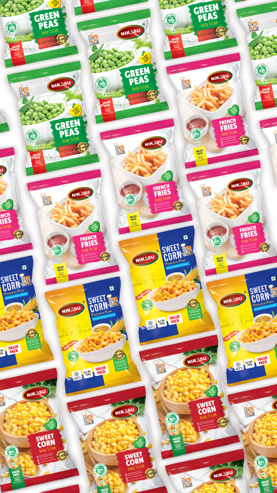Side and back view of Frozen Foods pouch design for Nikasu Group, Ernakulam showing packaging details and print finish
