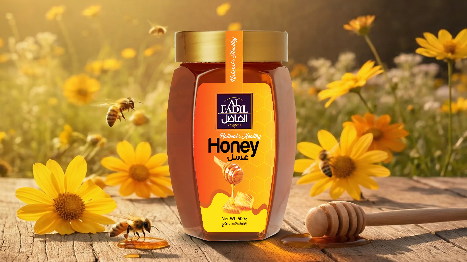 Front view of Honey Bottle label design created for Ozone Foodstuff Trading LLC, UAE, featuring branded label and premium food grade packaging layou