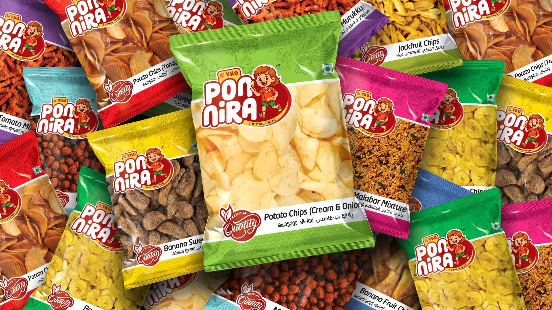 Front view of Snacks pouch packaging design created for Pon Nira Foods, Thrissur, featuring branded label and food grade packaging layout