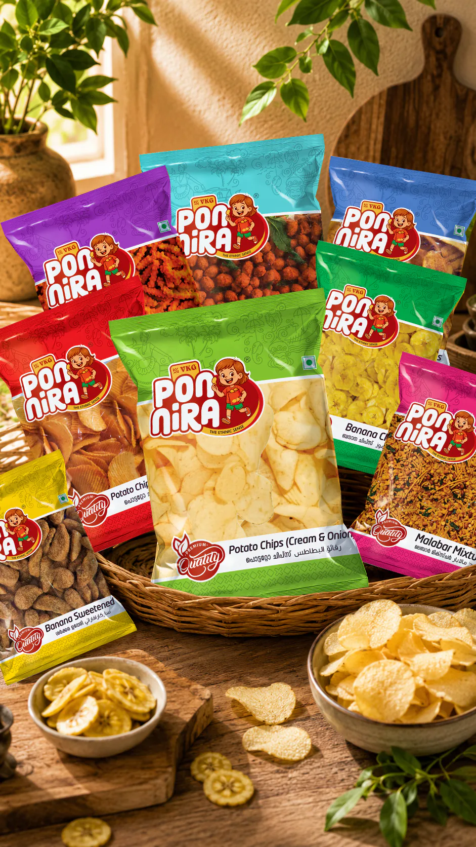 Side and back view of Snacks package design for Pon Nira Foods, Thrissur showing packaging details and print finish
