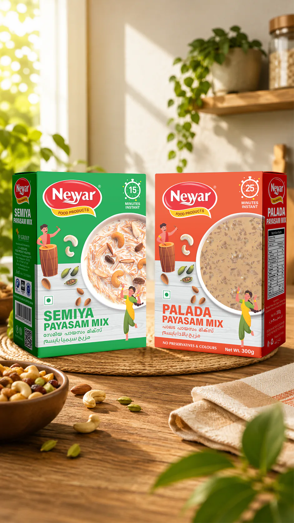 Side and back view of Payasam Mix duplex box design for SV Group, Malappuram showing packaging details and print finish