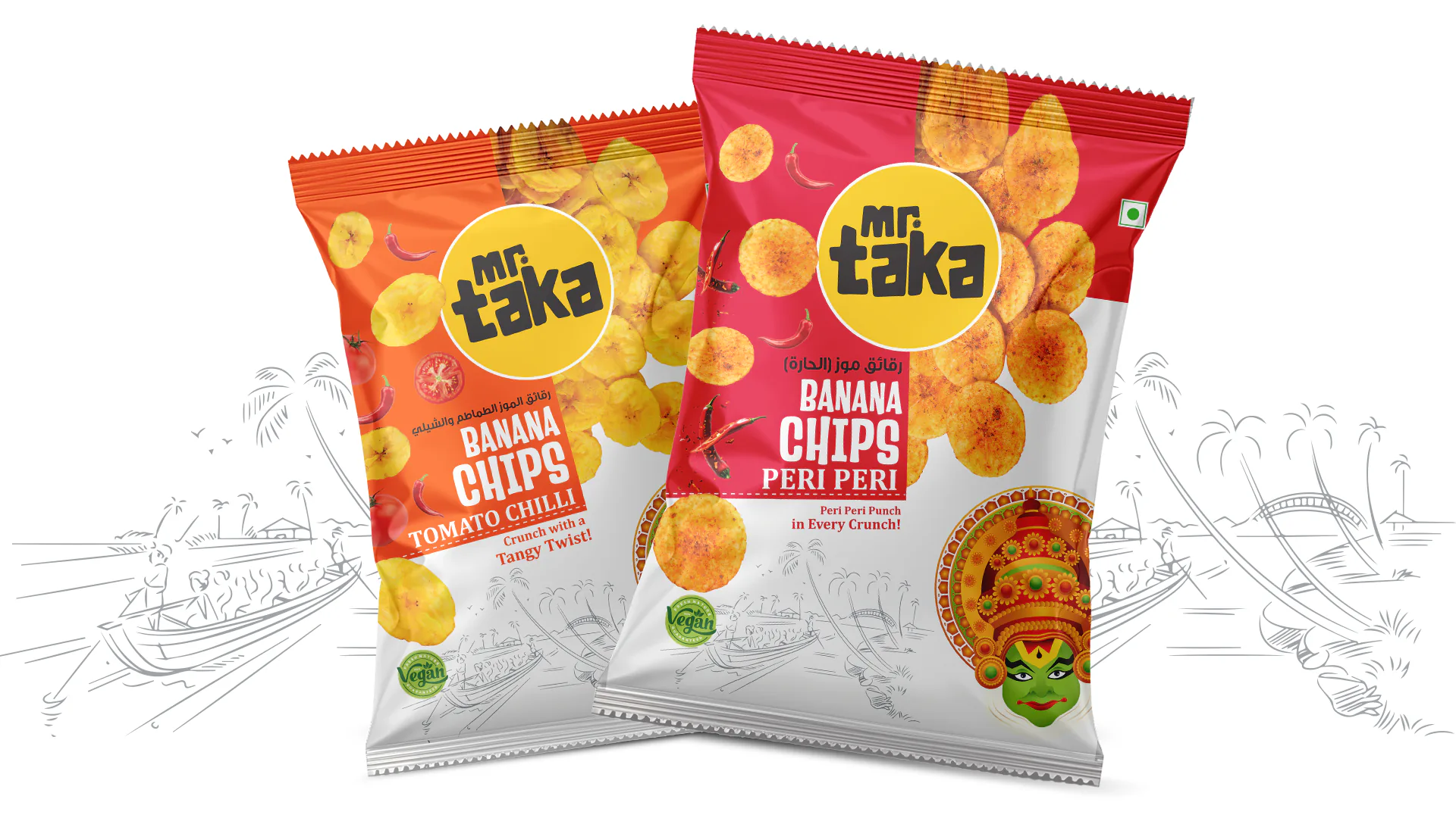 Front view of Banana Chips pouch packaging design created for Taka Foods & Exporters LLP, Malappuram, featuring branded label and food grade packaging layout