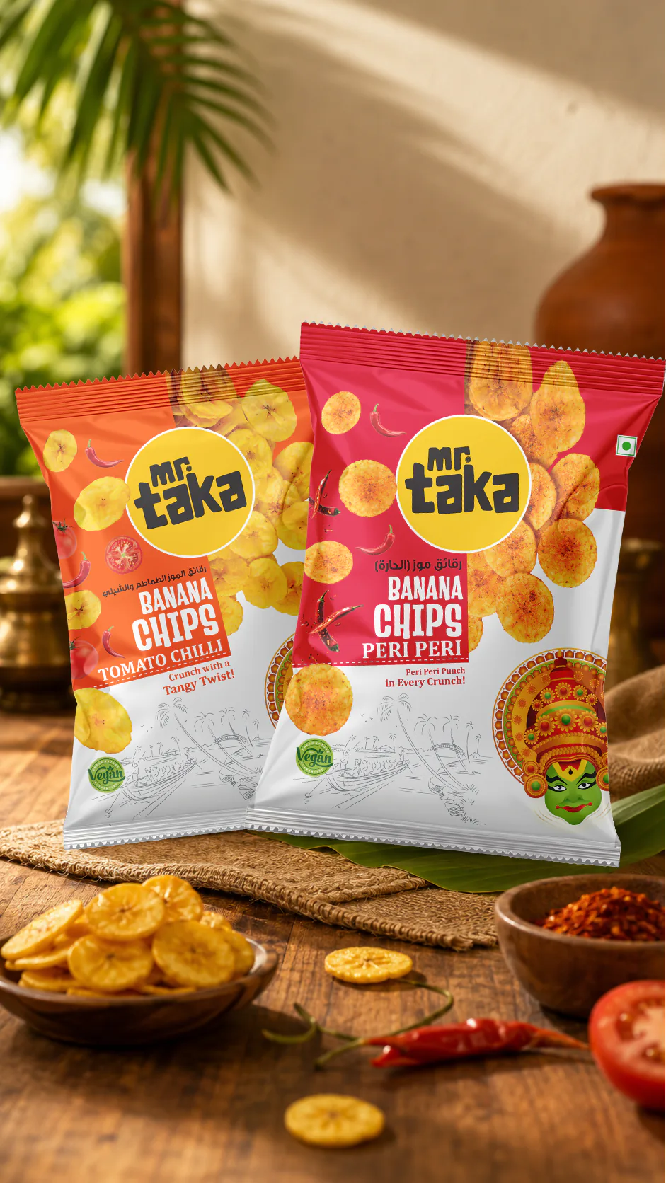 Side and back view of Banana Chips package design for Taka Foods & Exporters LLP showing packaging details and print finish