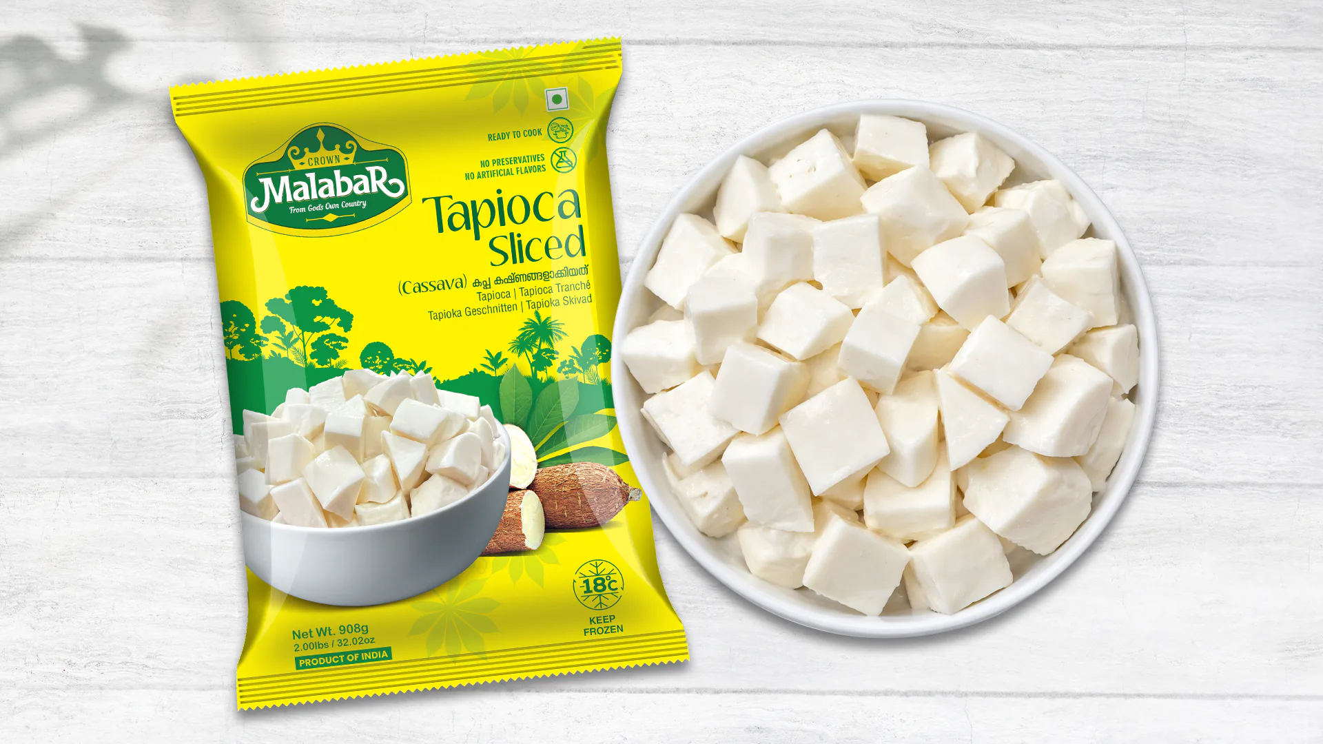 Front view of Tapioca Sliced pouch packaging design created for Tatez Foods Pvt Ltd., Ernakulam, featuring branded label and food grade packaging layout