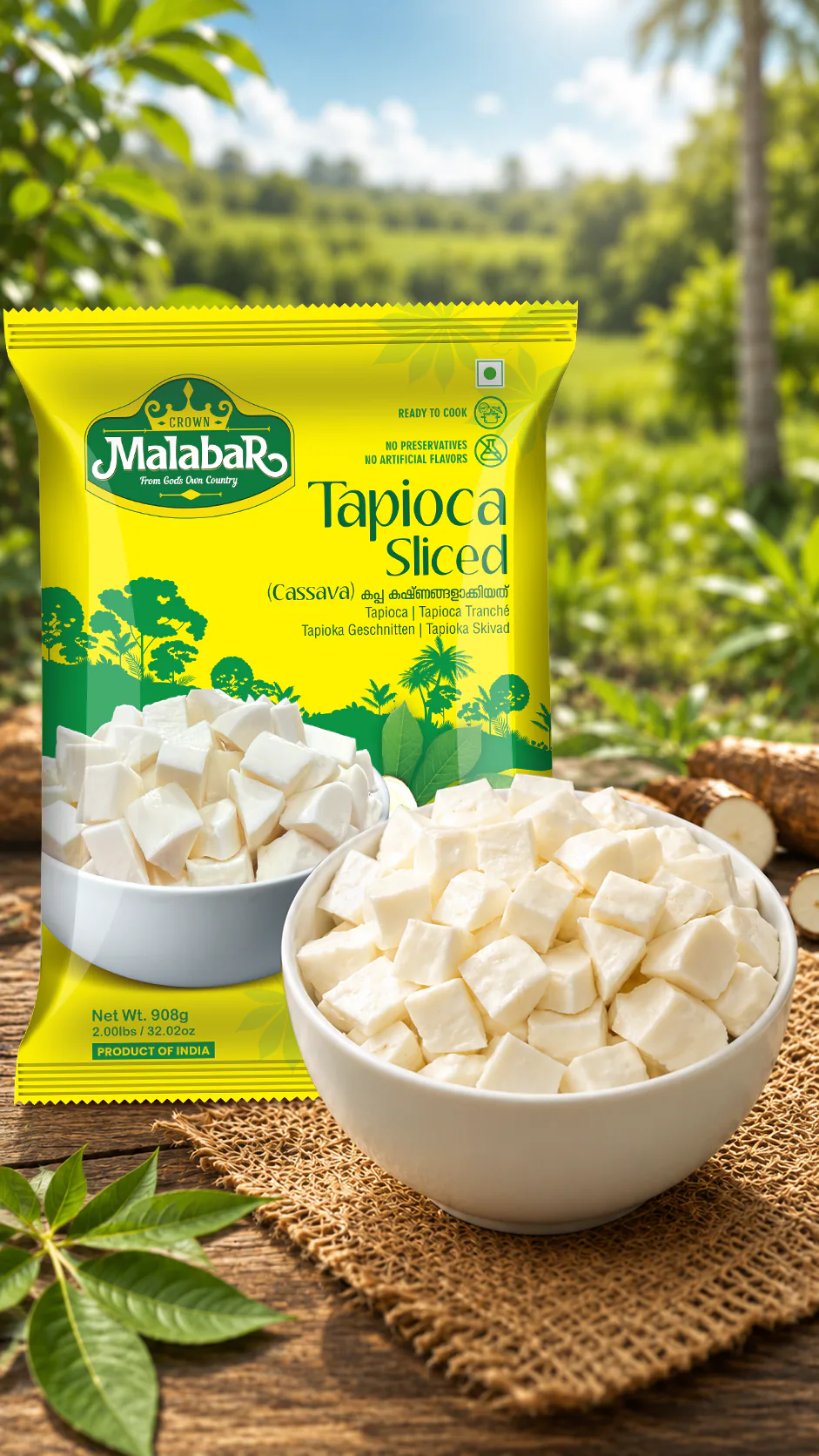 Side and back view of Tapioca Sliced package design for Tatez Foods Pvt Ltd., Ernakulam showing packaging details and print finish