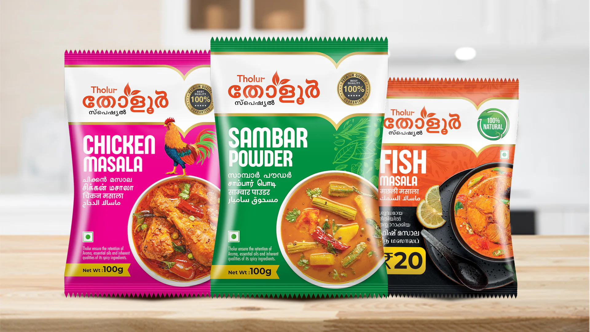 Front view of Masala pouch packaging design created for Tholur Foods Pvt. Ltd., Thrissur, featuring branded label and food grade pouch packaging layout