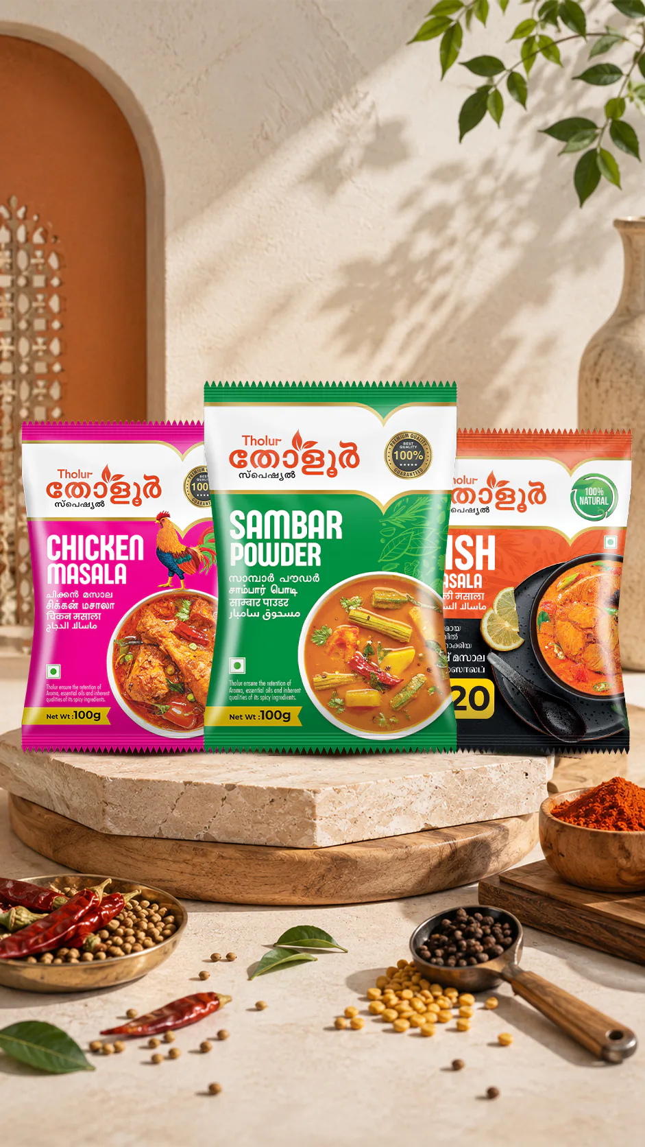Side and back view of Masala pouch design for Tholur Foods Pvt. Ltd., Thrissur showing packaging details and print finish